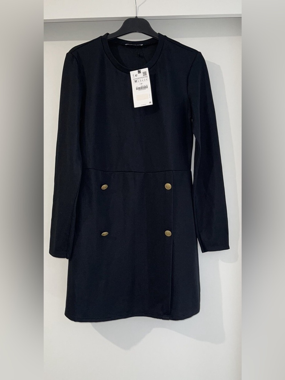 Zara Black Long Sleeve Gold Button Mini Dress Size Small NWT